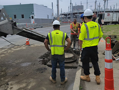 <b>Relocation of HEX manhole C19BA-203:</b>  Backfilling the new replacement manhole C19BA-203 with flowfill.
